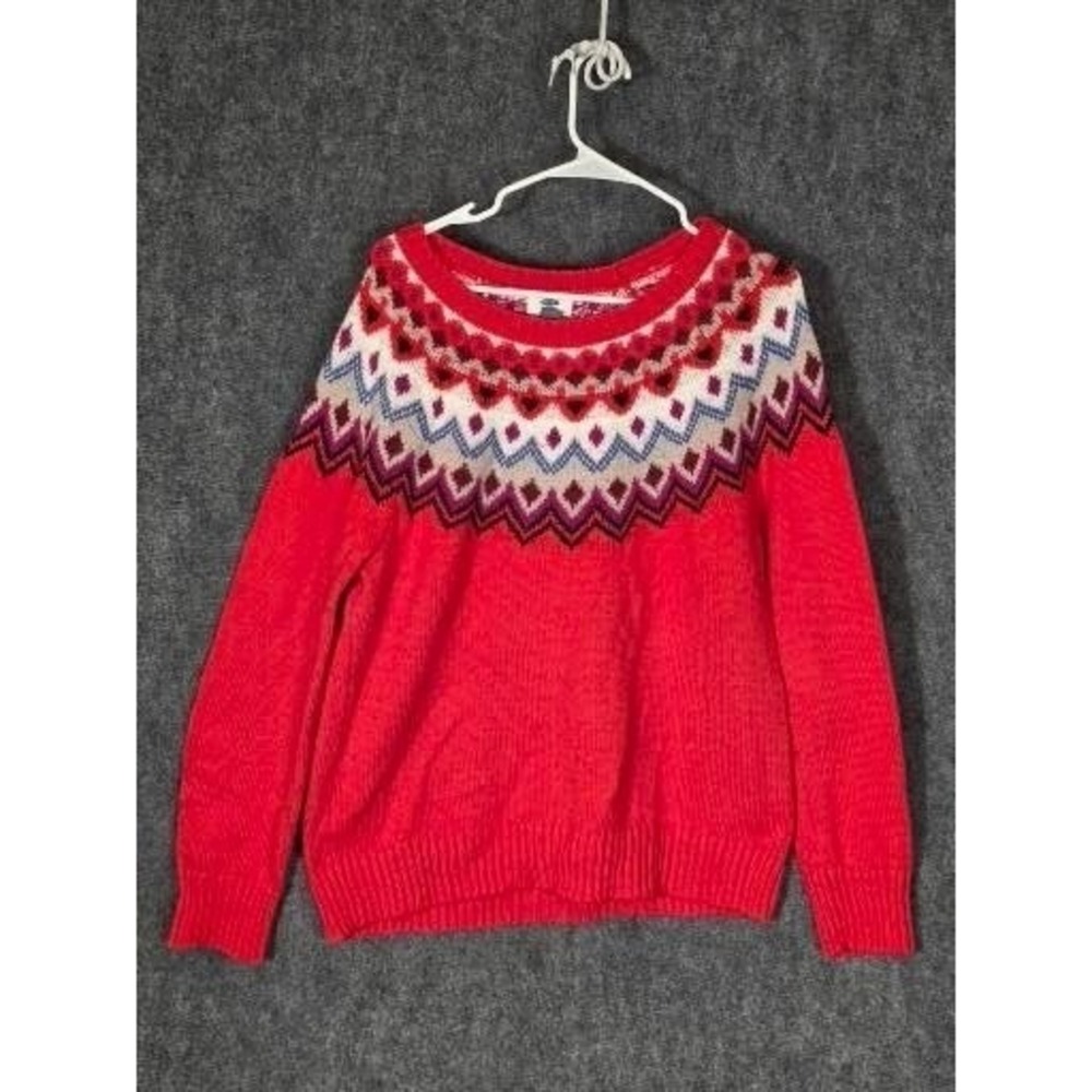 Womens XL Sweater Fair Isle Knit Crewneck Red Geometric Winter Top Old Navy